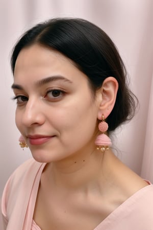 50 year old woman in three pieces silk nighty pink colour big earrings