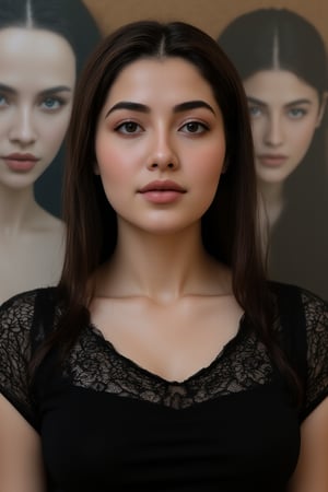  A young woman stands confidently against a movie poster backdrop, her gaze directed straight at the camera, exuding an air of confidence and allure, She wears a black top with a lace pattern, her features softly highlighted by even lighting, Off-center placement draws the viewer's eye towards her, while a subtle hint of a man in the background adds depth to the scene, The movie poster suggests a possible movie theater setting, 