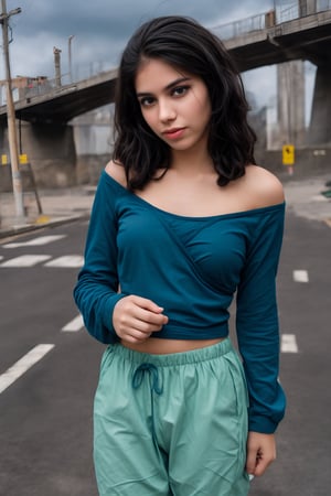 photograph of a woman with long  hair, wearing an off the shoulder form fitting blue blouse, plunging neckline, slightly turned away from the camera, head tilted, staring attentively at the viewer, standing on a sidewalk of a city street under an overpass, cloudy day, aidmaExperimentalPhotography