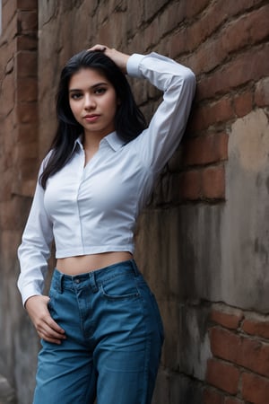 The image features a beautiful young woman wearing a white shirt and blue jeans. She is posing for the camera, with her hand on her hip and her other hand on her head. The woman appears to be confident and stylish, showcasing her outfit and her overall appearance. The scene takes place in a setting with a brick wall in the background, adding an urban touch to the image.