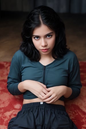 Captured from a high-angle, eye-level perspective, a woman is lying on a textured brown rug. She is wearing a light blue bra with a zipper on the front, and a pair of black shorts. Her hair is long and cascades over her shoulders. Her eyes are adorned with dark brown eyebrows, and her lips are painted a vibrant pink. She has a serious expression on her face. Her left hand is resting on the rug, while her right hand rests on her hip.