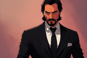 Desenhe um personagem masculino inspirado em John Wick para uma animação 2D. Ele deve ter uma aparência durona e elegante, vestindo um terno preto bem ajustado, com uma camisa preta por baixo e uma gravata discreta. O personagem deve ter cabelo preto curto e barba rala, com uma expressão séria e determinada, refletindo a personalidade implacável e focada. Crie um turnaround com vistas frontais, laterais, traseiras e de três quartos, mostrando os detalhes do traje e a postura confiante do personagem. 