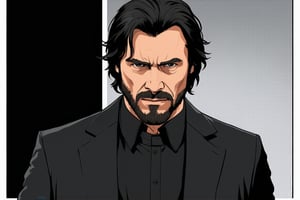 Desenhe um personagem masculino inspirado em John Wick para uma animação 2D. Ele deve ter uma aparência durona e elegante, vestindo um terno preto bem ajustado, com uma camisa preta por baixo e uma gravata discreta. O personagem deve ter cabelo preto curto e barba rala, com uma expressão séria e determinada, refletindo a personalidade implacável e focada