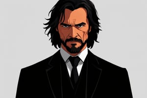 Desenhe um personagem masculino inspirado em John Wick para uma animação 2D. Ele deve ter uma aparência durona e elegante, vestindo um terno preto bem ajustado, com uma camisa preta por baixo e uma gravata discreta. O personagem deve ter cabelo preto curto e barba rala, com uma expressão séria e determinada, refletindo a personalidade implacável e focada. Crie um turnaround com vistas frontais, laterais, traseiras e de três quartos, mostrando os detalhes do traje e a postura confiante do personagem. 