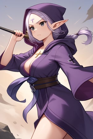 Fantasy female elf, 23 years old, violet hooded robe, pointed ears, completely black eyes, hair tied back with few strands visible under hood, serious and mysterious expression, inverted cross tattoo on cheekbone, combat pose, no accessories