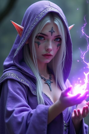 Ethereal elven sorceress, 23, draped in shimmering violet hooded robe with intricate silver runes, alabaster skin, razor-sharp pointed ears, mesmerizing obsidian eyes reflecting starlight, platinum hair elegantly tied with wisps framing face, hauntingly serious expression exuding ancient wisdom, glowing inverted cross tattoo on left cheekbone pulsing with arcane energy, dynamic spell-casting combat stance, fingers crackling with purple lightning, surrounded by swirling mist and floating arcane symbols, hyperrealistic digital art, dramatic chiaroscuro lighting, ultra-detailed 8K resolution, cinematic composition