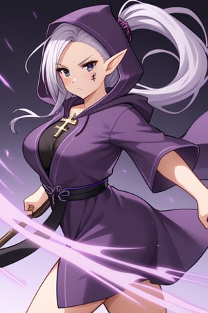 Fantasy female elf, 23 years old, violet hooded robe, pointed ears, completely black eyes, hair tied back with few strands visible under hood, serious and mysterious expression, inverted cross tattoo on cheekbone, combat pose, no accessories