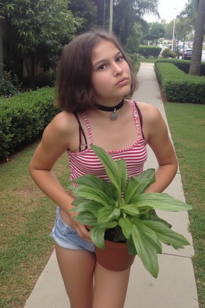 (Mthlda ,1girl,nineten, air blow kiss), 
(wearing choker, wearing a red striped in white crop top on the inner, wearing daisy dukes), 
(both hands holding an aglaonema plant in a brown pot),
(middle of the road),
(noise, grain,jpeg artifacts, low light, low quality, blurry, looks like 2010 photo quality, easyshare snapshot)