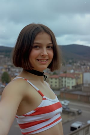 (Mthlda,smiling), 
(wearing choker, wearing a red striped in white crop tops), 
on rooftop, taking selfie,
(low light, noise, grain,jpeg artifacts, noise,full body)
raw_photo, no tattoo,pokies,zenit_kodak_gold