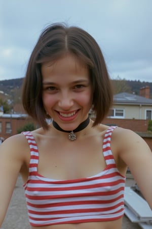 (Mthlda,smiling, bobcut hair), 
(wearing choker, wearing a red striped in white crop tops), 
on rooftop, taking selfie,
(low light, noise, grain,jpeg artifacts, noise,full body)
raw_photo, no tattoo,pokies,zenit_kodak_gold,p0k13s