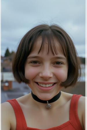 (Mthlda,smiling, bobcut hair), 
(wearing choker, wearing a red striped in white crop tops), 
on rooftop, taking selfie,
(low light, noise, grain,jpeg artifacts, noise,full body)
raw_photo, no tattoo,pokies,zenit_kodak_gold,p0k13s