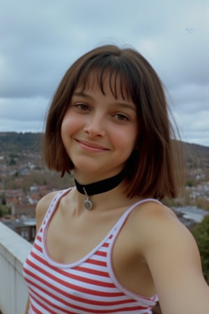 (Mthlda,smiling, hair over shoulder), 
(wearing choker, wearing a red striped in white crop tops), 
on rooftop, taking selfie,
(low light, noise, grain,jpeg artifacts, noise,full body)
raw_photo, no tattoo,pokies,zenit_kodak_gold