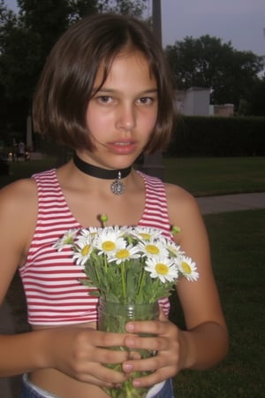 (Mthlda ,1girl,nineten, angry reaction), 
(wearing choker, wearing a red striped in white crop top on the inner, wearing daisy dukes), 
(both hands holding a vase plant),
(middle of the road),
(noise, grain,jpeg artifacts, low light)