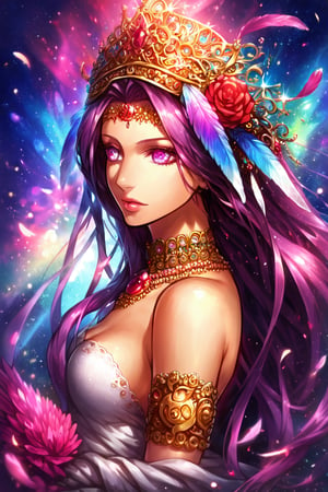 masterpiece, anime style, highly detailed, hd, mystical, mistic, elegant, monster girl, solo, medusa, headdress, long_hair, flower, jewelry, hair ornament, gem, lips, from_side, looking_away, feather_hair_ornament , glitter particles background, bokeh, masterpiece, best quality, 16k, ultra-detailed, finely detailed, high resolution, perfect dynamic composition, detailed eyes, cinematic lighting, detailed background, depth of fields, perfect proportion, hyperdetailing skin, clear skin, harmonious composition