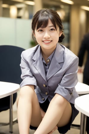 A Japanese woman, business jacket, cotton tight skirt, smiling face, kind eyes, (updo: 1.2), (beautiful legs with skin tone: 1.4), office, eyes drawn in detail, facial expression drawn in detail and beautifully,