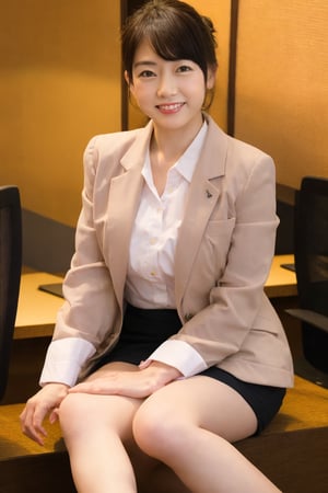 A Japanese woman, business jacket, cotton tight skirt, smiling face, kind eyes, (updo: 1.2), (beautiful legs with skin tone: 1.4), office, eyes drawn in detail, facial expression drawn in detail and beautifully,