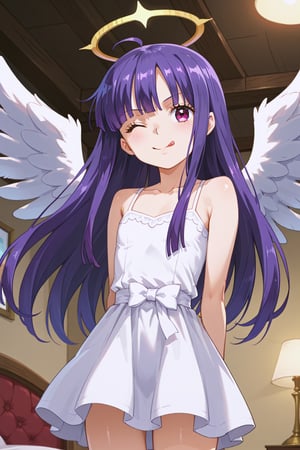 score_9, score_8_up, score_7_up, score_6_up, score_5_up, score_4_up, perfect anatomy,
1girl, furuderika_pony, purple hair, flat_chest, shiny skin
,
angel wings, one piece dress white, Halo, best quality, sticking out tongue while winking, bedroom, from below, dynamic angle, arms behind back
,
,//LoRA
anime_screencap, beautiful_female_fingers, (correct number of fingers), (perfect hands), perfect anatomy, furuderika_pony,reset_Kalar,tillday_shape