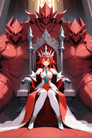 monster_girl, princess, goddess, dress, red, eyes red, firmness, armor, throne room, 1girl, sitting on the throne, with knights kneeling around, multiple boys