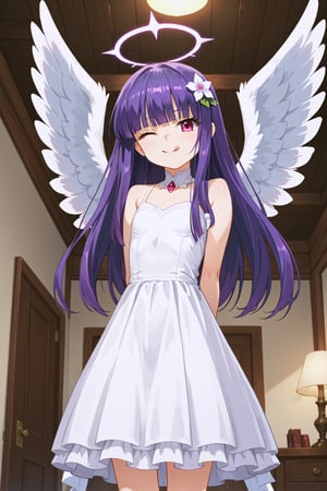 score_9, score_8_up, score_7_up, score_6_up, score_5_up, score_4_up, perfect anatomy,
1girl, furuderika_pony, purple hair, flat_chest, shiny skin
,
angel wings, white dress, Halo, best quality, sticking out tongue while winking, bedroom, from below, dynamic angle, arms behind back
,
,//LoRA
anime_screencap, beautiful_female_fingers, (correct number of fingers), (perfect hands), perfect anatomy, furuderika_pony,reset_Kalar,tillday_shape