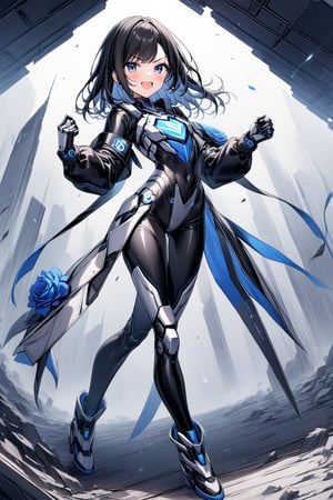 score_9, score_8_up, score_7_up, score_6_up, score_5_up, score_4_up, perfect anatomy,
1girl, black hair, shiny skin, full body ,flat_chest, short straight black hair, happy, one raised eyebrow, wearing a black and white metal cyborg suit broken, one arm robotic, blue rose crest on chest, dark future battlefield background, ,short_jacket