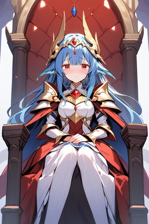 monster_girl, princess, goddess, dress, red, eyes red, shy, armor, throne room, 1girl, sad, tear, sitting on the throne