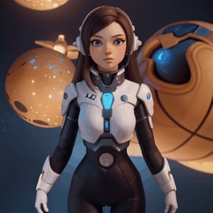 Young beautiful girl 20 age, Incorporating futuristic technological elements such as fiber optics, metallic textures, and dynamic materials to enhance the sci-fi feel of the character, with a background of starships, stars, and planets.
