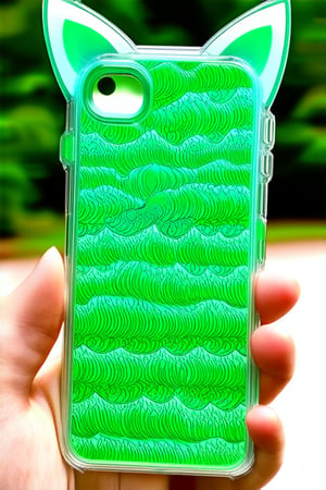 Mobile phone case, Art Nouveau style, acrylic, green transparent, water wave pattern, cat ears, snug fit, campus, summer, bright