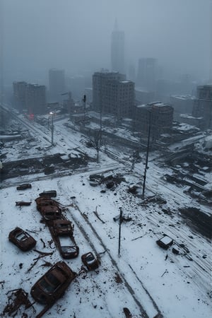 Shot: Aerial view of an abandoned metropolis, 250 years post-apocalyptic. Framing: The camera hovers above the frozen cityscape, capturing the sprawling landscape in a single take. Lighting: A deep grey sky looms overhead, heavy with snowfall, casting a mournful veil over the crumbling skyscrapers and streets below. Composition: The rusted hulks of cars, twisted and corroded like skeletal remains, are littered across the desolate streets, surrounded by thick layers of snow and ice that cover once-towering skyscrapers now reduced to stillness. Subject: The metropolis itself, a testament to time's relentless passage and the devastating impact on human civilization.