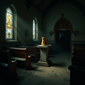 In a dimly lit, abandoned small church, a small striking red cat sits atop the worn stone altar, its piercing yellow eyes seeming to absorb the faint light. Behind it, broken wooden pews stretch out like skeletal fingers, while unlit wall torches cast eerie shadows on the walls. Broken stained glass windows scatter shards of color across the floor, where they mingle with dust and neglect. At the entrance, a shadowy figure looms in the corner of the church, illuminated only by faint glow of moonlight that casts an unsettling pallor over the dark, dreary night.