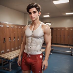 score_9, score_8_up, score_7_up, score_6-up, score_4_up, 1boy, solo handsome young tall man with slim body, small shoulders, medium chest, medium arms and legs, very short brown curly hair, blue eyes, wearing a white t_shirt, red shorts, standing in a large gym lockerroom, background benches and lockers.























 