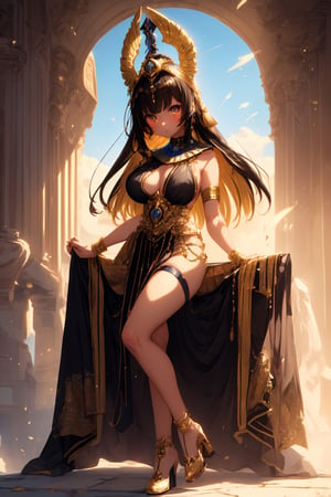 ((masterpiece)), ((best quality)), 8k, high detailed, ultra-detailed, (1girl), wearing high heels, stockings, (solo), sleeveless, (arm support), long hair, sitting, (panorama), (natural lighting), high detailed, ultra-detailed.Wusiii,Wusiii. Nefertiti is depicted in an ancient Egyptian style, wearing her iconic tall headdress adorned with golden details. Her face has a serene and regal expression, with elongated eyes outlined in black, emphasizing her nobility. Her skin is a golden tone, and she wears a wide collar with golden bands and decorations. She stands in a dignified pose, with one hand gently raised toward a golden winged scarab beetle that floats beside her. The scarab is detailed and glows with a magical aura, adding a mystical touch to the scene.