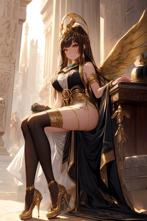 ((masterpiece)), ((best quality)), 8k, high detailed, ultra-detailed, (1girl), wearing high heels, stockings, (solo), sleeveless, (arm support), long hair, sitting, (panorama), (natural lighting), high detailed, ultra-detailed.Wusiii,Wusiii. Nefertiti is depicted in an ancient Egyptian style, wearing her iconic tall headdress adorned with golden details. Her face has a serene and regal expression, with elongated eyes outlined in black, emphasizing her nobility. Her skin is a golden tone, and she wears a wide collar with golden bands and decorations. She stands in a dignified pose, with one hand gently raised toward a golden winged scarab beetle that floats beside her. The scarab is detailed and glows with a magical aura, adding a mystical touch to the scene.