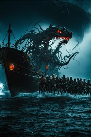 In a dark, misty sea, a monstrous ship Phantom looms large, its hull twisted and gnarled like a grotesque creature. The ship's mouth yawns wide, revealing rows of razor-sharp teeth, while glowing red eyes seem to pierce through the gloom. Slimy tentacles writhe around the vessel's hull, as if alive. A skeletal army stands at attention on deck, their bony forms illuminated by flickering lanterns that cast an eerie glow across the turbulent waters.