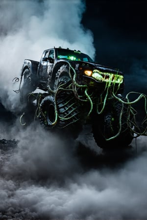 A monster truck emerges from a cloud of thick, ominous smoke, its headlights glowing like malevolent eyes. The beast's sharp teeth are bared in a snarl, while its slimy, long tentacles writhe like snakes around the vehicle's massive wheels. The air is heavy with an unsettling, pungent stench as it moves forward, casting an eerie glow over the darkened landscape.