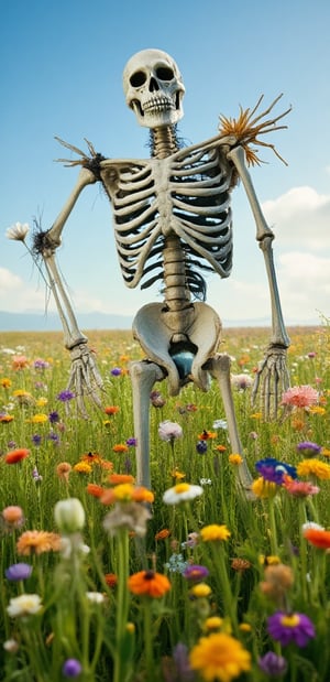 Wide shot of a skeleton scarecrow standing in a vast meadow adorned with a vibrant array of wildflowers under a clear blue sky. Soft, natural light bathes the meadow, highlighting the diverse colors of the flowers. In the foreground, a gentle breeze causes the wildflowers to sway, creating a dynamic and lively atmosphere. The composition emphasizes the natural beauty and tranquility of the meadow, with the wildflowers forming a harmonious tapestry of color. 