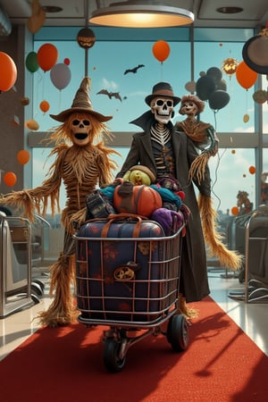 A hauntingly delightful scene: A skeleton vampire in a dapper suit and fedora, alongside a scarecrow, push a luggage cart filled with vacation bags at an airport. The duo's eerie silhouettes are set against a bright, sunny backdrop, with a red carpet leading to the departure gates. The holiday theme is palpable as festive decorations and balloons surround them, creating a surreal yet whimsical atmosphere.