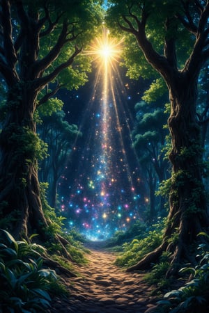 Under the majestic canopy of a towering, ancient tree, a whimsical, fantastical scene unfolds. A SUPERNATURAL star blights the midnight sky, casting an otherworldly glow on the mystical forest. Delicate, intricate details dance across the foliage, as if woven by the threads of a celestial tapestry. The air is alive with an ethereal dreamlike quality, where reality and fantasy blur. In this Ghibli-inspired wonderland, a colorful starburst radiates from the heart of the dark forest, imbuing the atmosphere with an enchanting, high-quality realism. Pixiv-like in its intricacy, this 16K masterpiece captures the essence of trending fantasy worlds.