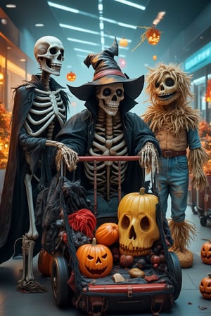 Skeleton vampires and scarecrows at an airport pushing a trolley containing luggage, holiday theme