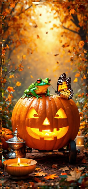 a vibrant orange pumpkin is adorned with a green frog and a yellow butterfly. The frog and butterfly are perched atop the pumpkin, adding a pop of color to the scene. The pumpkin is positioned in a garden-like setting, creating a stunning backdrop for the vibrant vibrant colors of the frog and the butterfly. To the left of the pumpkin is a small bowl with a candle burning in it, adding contrast to the overall composition. In the bottom left corner of the frame, a small silver candle holder is affixed to the pumpkin's wheels. The background is a mix of trees and foliage, adding depth to the composition.