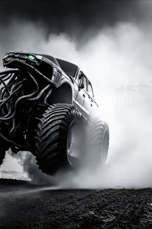 A close-up shot of a monster truck's tire as it screeches to a halt amidst a cloud of thick, ominous smoke. The camera pans up to reveal the terrifying creature lurking beneath: its razor-sharp teeth gleam in the dim light, while its slimy tentacles writhe like living serpents. Its eyes glow with an otherworldly intensity, radiating an aura of pure malevolence.