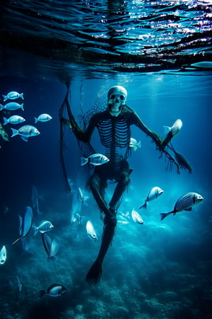 A eerie underwater scene: a skeleton in a tattered scuba suit floats ghostly in the darkness, its bony fingers grasping an old fishing net. The dim blue glow of a flashlight casts long shadows across the seafloor, as a school of bioluminescent fish dart nervously around the skeletal figure's translucent skull.