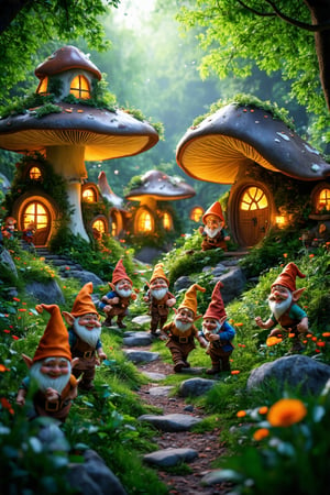 In a photorealistic fantasy world, a whimsical mushroom village unfolds, its structures resembling giant fungi with warm, glowing windows and wooden doors that seem to invite exploration. Cheerful dwarves, donning scattered bright hats, wander on rocky paths and grassy hills, their joyful interactions filling the air. Lush greenery surrounds the scene, punctuated by vibrant flowers and miniature decorations that add to the magical and cozy atmosphere, evoking a sense of wonder and enchantment.