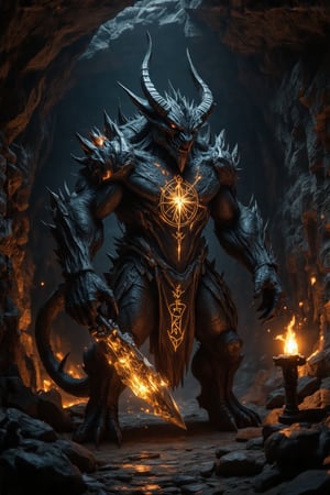 In a dimly lit cavern, a hulking demon-creature stands tall, its horned head and razor-sharp claws merged with cybernetic enhancements on a mechanical body. The rough-hewn stone walls cast eerie shadows on the beast's scales and metal plating as it gazes out into the darkness. A flickering torch casts an otherworldly glow, illuminating the creature's imposing stance. Sparkling divination symbols etched on its chest seem to pulse with an inner light, as if channeling ancient power.