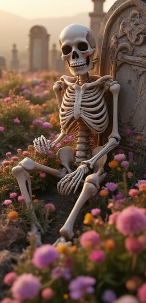 A hauntingly beautiful scene: a withered skeleton sits amidst a tapestry of vibrant wildflowers, its bony fingers wrapped around a weathered tombstone. The sun casts a warm, golden glow upon the desolate landscape, illuminating the stark contrast between life and death.