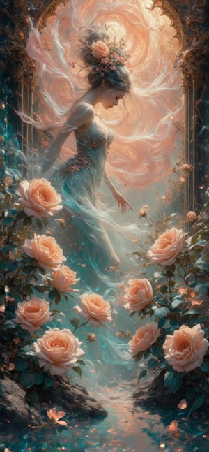 A majestic masterpiece unfurls as a burst of plasma dreams. Amidst ornate swirls, liquid whimsy fantasy bursts forth in elegant rose floral botany maximalism. Delicate flowers float on misty soft pink, aqua, and soft apricot hues, surrounded by fluffy down feathers and pastel colors. Smoke fractals dance across the canvas as moody, realistic blooms unfold. The composition is set against a big-scale backdrop, with Josephine Wall Art's style reminiscent of Isabelle Menin, Jean, and Amy Brown. Golden ratio harmony guides the eye through this dreamlike scene.