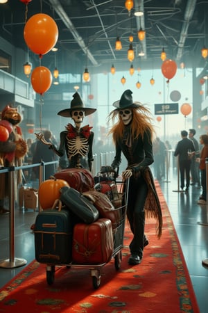 A hauntingly delightful scene: A skeleton vampire in a dapper suit and fedora, alongside a scarecrow, push a luggage cart filled with vacation bags at an airport. The duo's eerie silhouettes are set against a bright, sunny backdrop, with a red carpet leading to the departure gates. The holiday theme is palpable as festive decorations and balloons surround them, creating a surreal yet whimsical atmosphere.