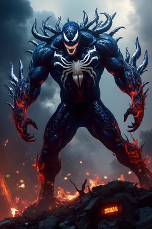 A realistic Venom symbiote stands atop a ruined building, its body covered in sharp, glowing crystal spikes. Wrapped in raging red and blue flames, its menacing expression conveys intense anger. The scene is cinematic, with dramatic lighting emphasizing the symbiote's creepy, sci-fi presence. The composition frames Venom as the central figure, towering over the destruction below, creating a tense and eerie atmosphere.