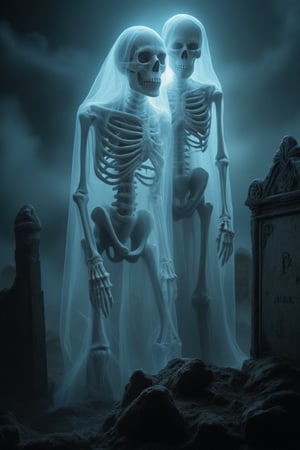 A hauntingly lit midnight scene: a phantom skeleton emerges from the shadows, its ethereal form hovering near a weathered tombstone bearing the inscription 'R.I.P.' The skeletal figure's bony fingers grasp the stone's edge as it appears to be reading the epitaph. A misty fog swirls around the duo, casting an eerie glow on the desolate landscape.