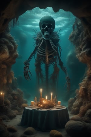 A dimly lit underwater lair serves as the eerie backdrop for a haunting Halloween bash, where a majestic sea monster skeleton dominates the scene. The fossilized creature's massive bones are arranged in a circular formation, surrounded by glowing jellyfish lanterns and seaweed-covered cobwebs. The atmosphere is thick with mist and the distant sound of creaking shipwrecks.