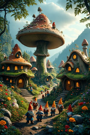 A serene afternoon in the whimsical mushroom village unfolds as the warm sunlight casts a gentle glow on the intricate, glowing windows and wooden doors of the giant fungal structures. A group of cheerful dwarves, sporting scattered bright hats, meander along rocky paths and lush green hills, their carefree interactions filling the air with joyful chatter. Amidst the vibrant flora, miniature decorations and delicate flowers add to the enchanting atmosphere, as a sense of wonder and magic permeates the scene, inviting the viewer to step into this fantastical world.